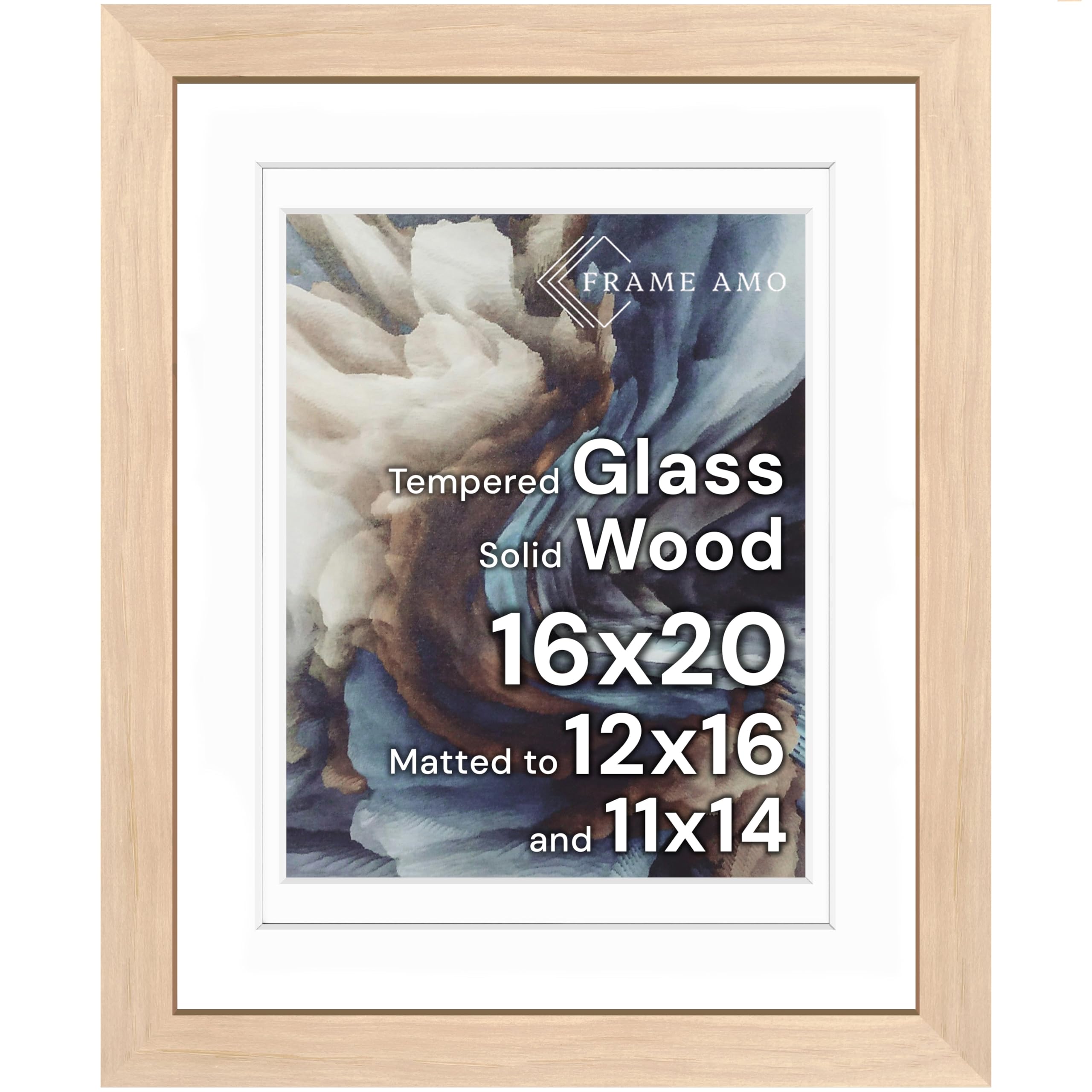 Frame Amo 16x20 Solid Wood Poster Frame Natural, White Multi Mat for 11x14 and 12x16 Image, Tempered Glass Front, 1.5 inch Wide, 1 inch Thick, High-End, Heavy-Duty, Gallery Grade & Acid-Free Image