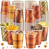 LemonRoad 120 Pcs Fall Disposable Coffee Cups Thanksgiving Checkered Paper Drinking Cups for Hot and Cold Beverage Thanksgiving Harvest Autumn Party Restaurant Travel Supplies, 6 Styles (8 oz)