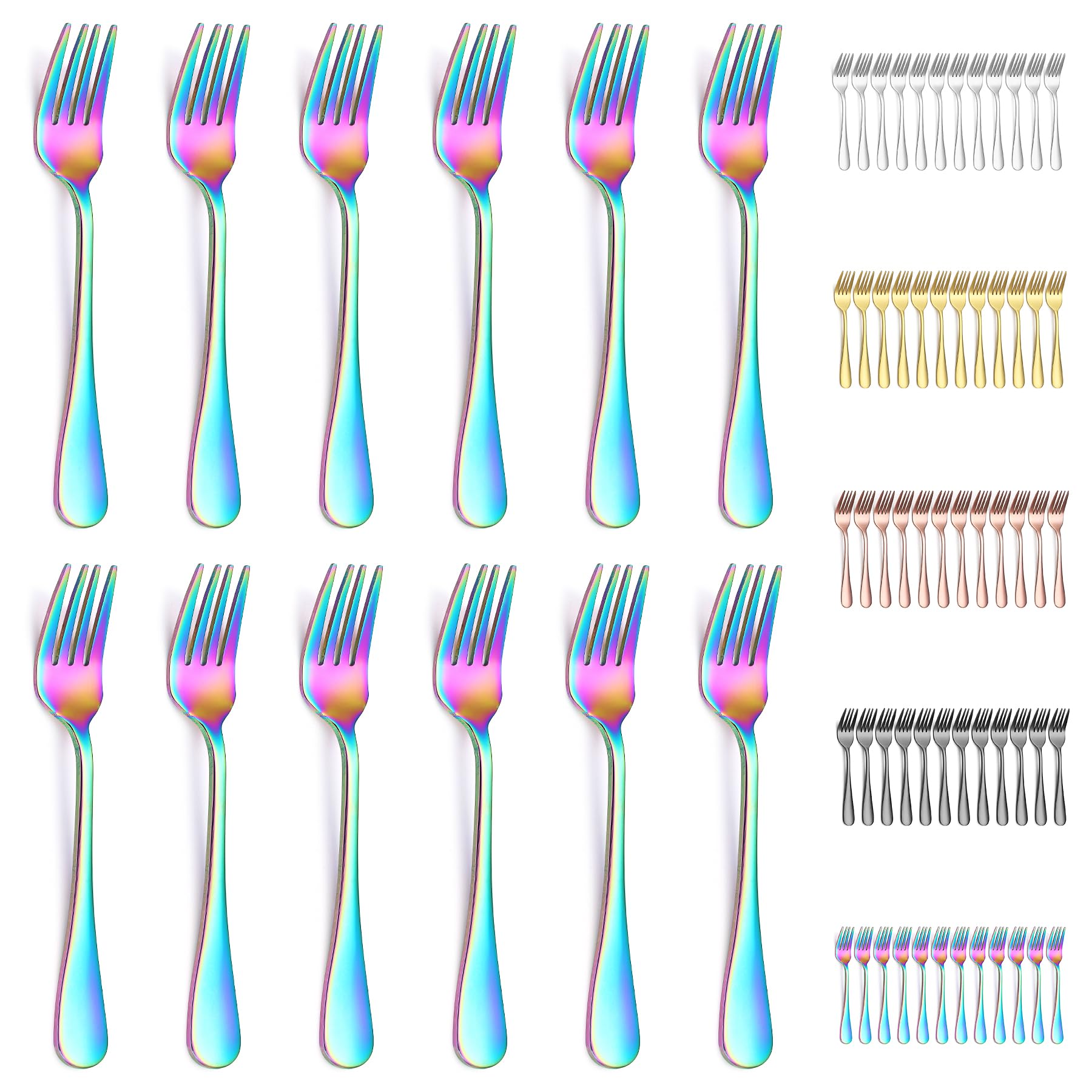 Evanda Rainbow Titanium Plating Stainless Steel Dessert Forks Set, 12 Pieces - Mini Cake, Fruit, Appetizer Forks for Home, Wedding, Party, Cafe, Restaurant - Dishwasher Safe — image 1