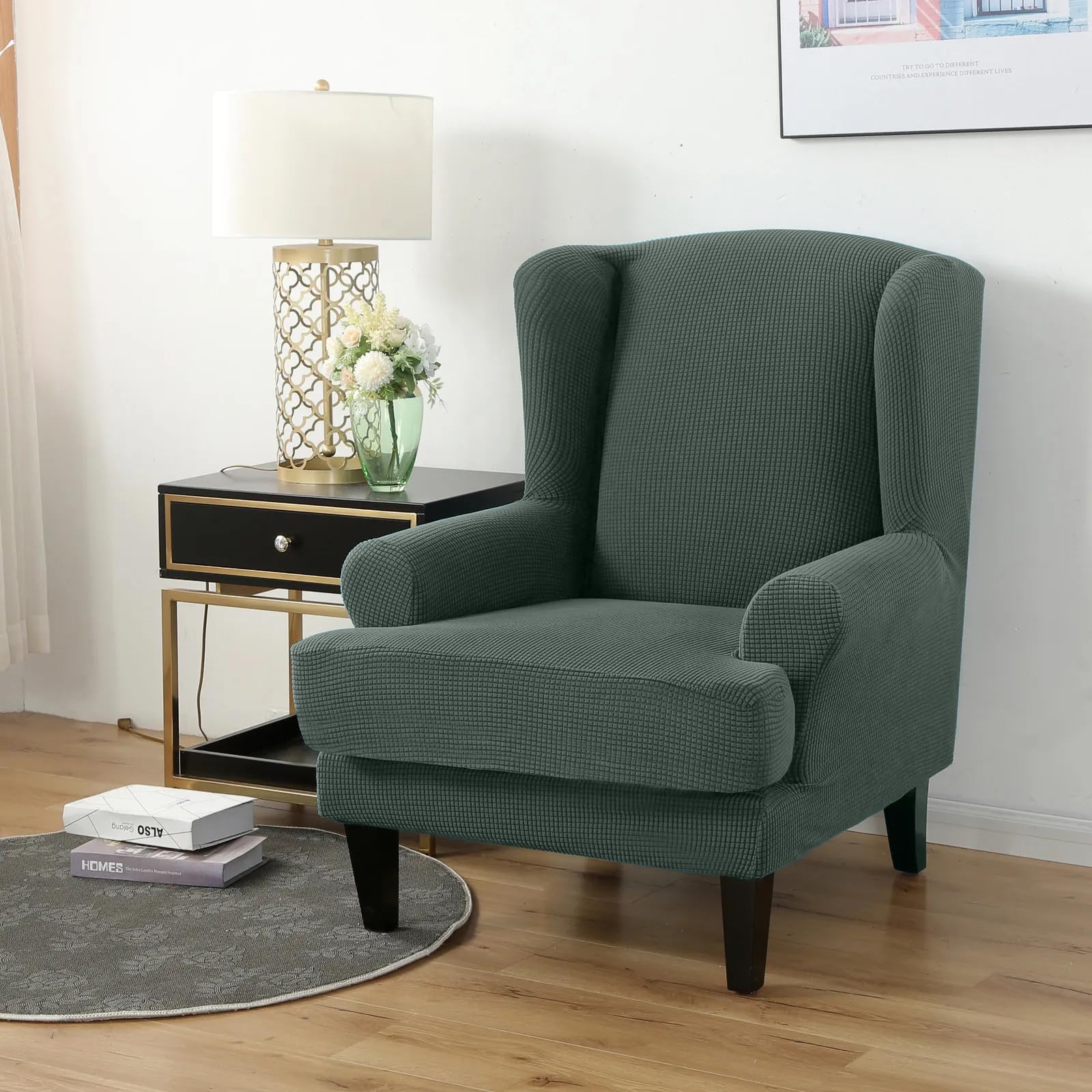 PETCUTE Wing Chair Slipcovers Armchair Covers with Ears Stretch Wing Chair Covers Jacquard Furniture Protector Matcha green