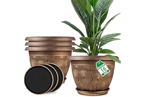FODETYFF 16 Inch Large Planter Pot for Plants Indoor Outdoor, 4 Pack Plastic Flower Pots with Drainage Hole & Tray, Modern Decorative Garden Pot with Saucer, Plant Container for House