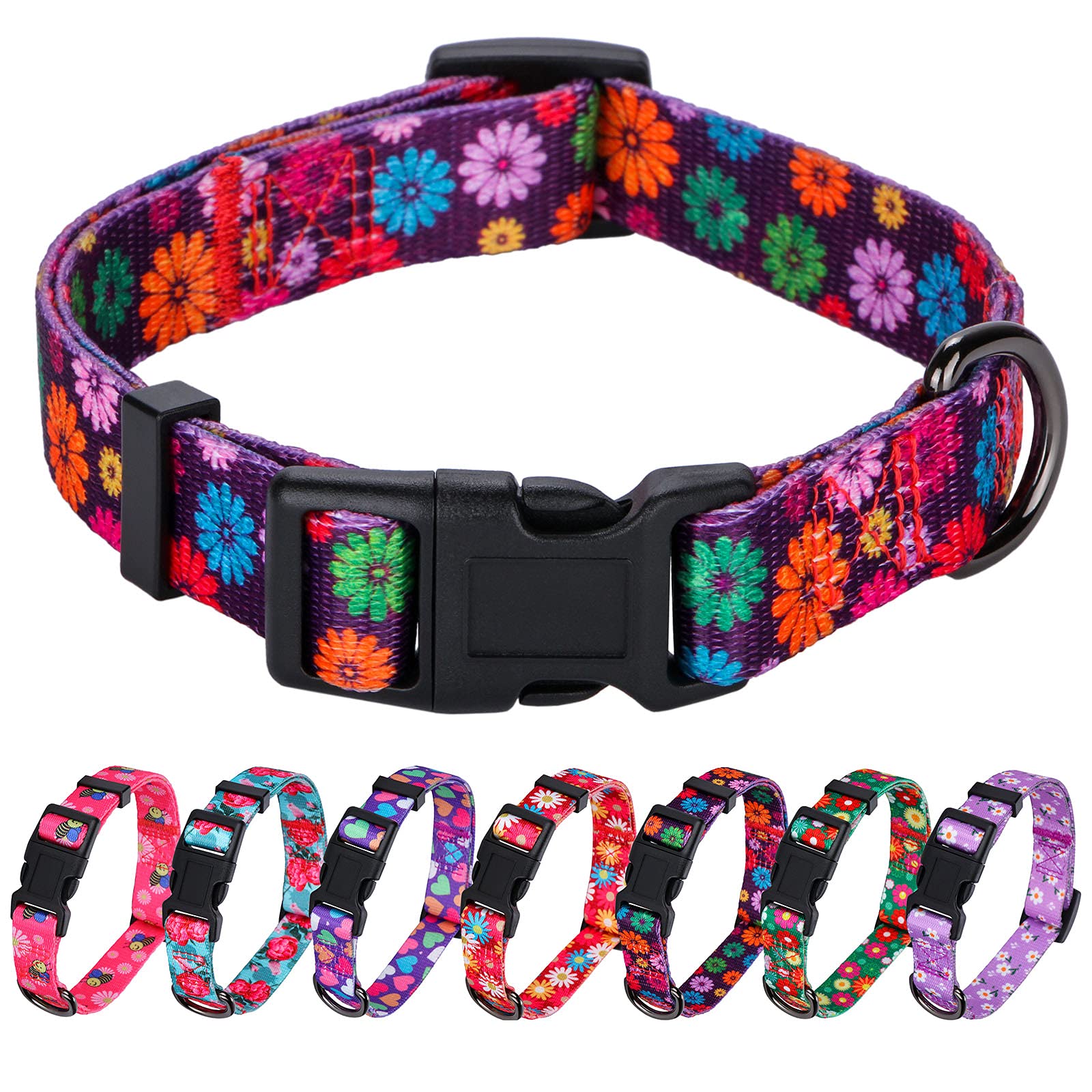 Rhea Rose Girl Dog Collars Fall Daisy Pattern, Colorful Flowers Print, Female Collar, Dark Purple, Meidum — image 1
