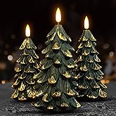HN HAIINAA Green Christmas Tree Shaped Flameless Candles with Timer, Real Wax 3D Wick Flickering Battery Operated LED Candles for Christmas Home Party Decoration Set of 3