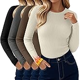 Velvelhall 4 Pack Women's Thermal Long Sleeve Shirt Ribbed Cotton Slim Tops Crew Neck Basic Undershirt Stretch Layer Blouses
