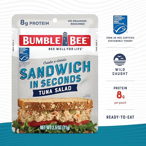BUMBLE BEE SANDWICH IN SECONDS TUNA SALAD, 2.5 OZ POUCH – READY TO EAT – WILD CAUGHT TUNA PACKET – 8G PROTEIN PER SERVING – GLUTEN FREE
