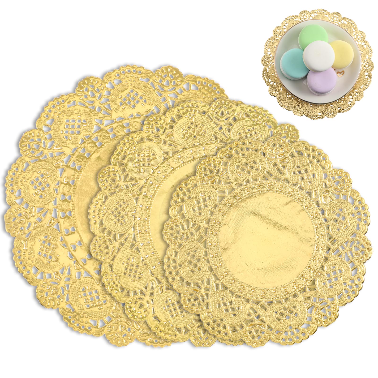 Photo 1 of 150Pcs Gold Doilies Disposable Gold Paper Placemats Round Small Golden Lace Placemats for Party Wedding Dinner Plates Cupcakes Decoration Assorted Size 3.5/4.5/5.5 Inch