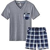 MoFiz Mens Pajama Set Summer Pjs Sleepwear Nightwear Lightweight Quick Dry Soft Short Sleeve V-Neck Pjs Sleep Set With Pocket