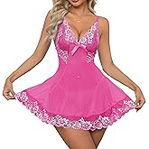Crexomi Women Sexy Lingerie Babydoll Mini Dress Floral Lace Sheer Chemise Sleepwear Mesh Lingerie Set with G-String