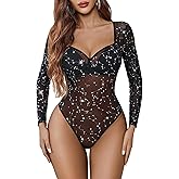 Avidlove Mesh Bodysuits for Women Long Sleeve Body Suits Leopard Print Going Out Tops Sheer Rave Outfits with Snap Crotch