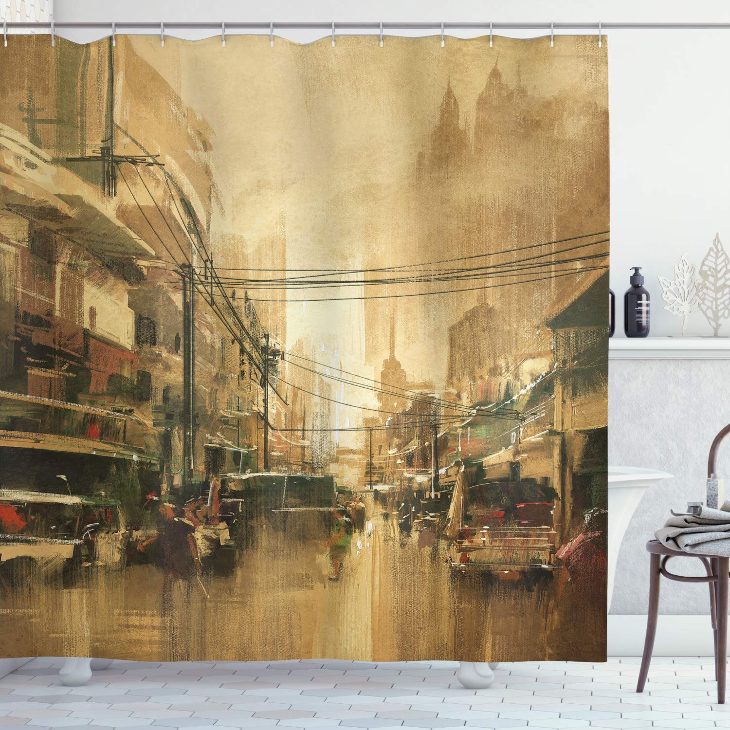 ABAKUHAUS Retro Shower Curtain, Acyrlic Style Vintage Old City Street View Historic Landscape Theme Sepia Scenery, Cloth Fabric Bathroom Decor Set with Hooks, 78 Inches, Sand Brown