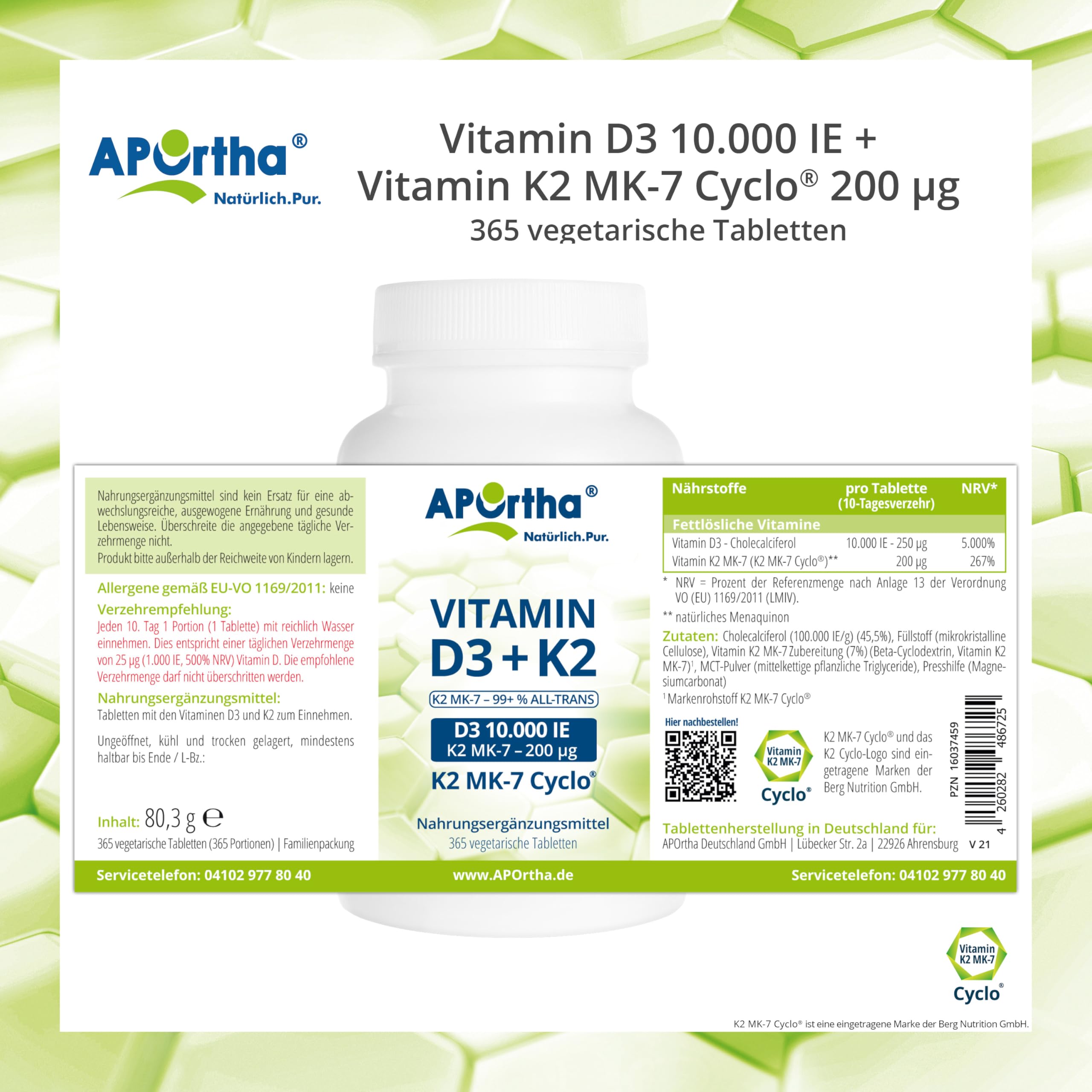 APOrtha® Vitamin D3 10.000 I.E + 200 µg K2 99+% ALL-Trans, 365 vegetarische Tabletten hochdosiert u. teilbar, Premium Vitamin D und K Tablette leicht zu schlucken - Alternative zu Tropfen und Kapseln 5