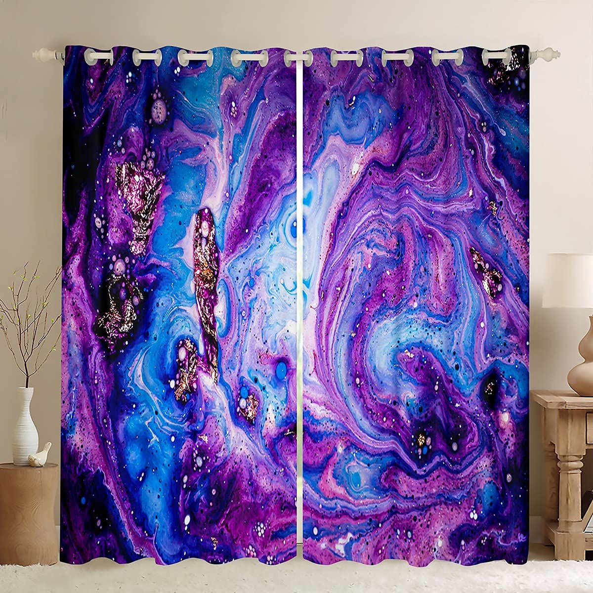 Glitter Marble Curtain for Bedroom Purple Marble Printed Room Curtain for Kids Boys Girls Abstract Art Curtain Boho Psychedelic Drapes,W46*L72