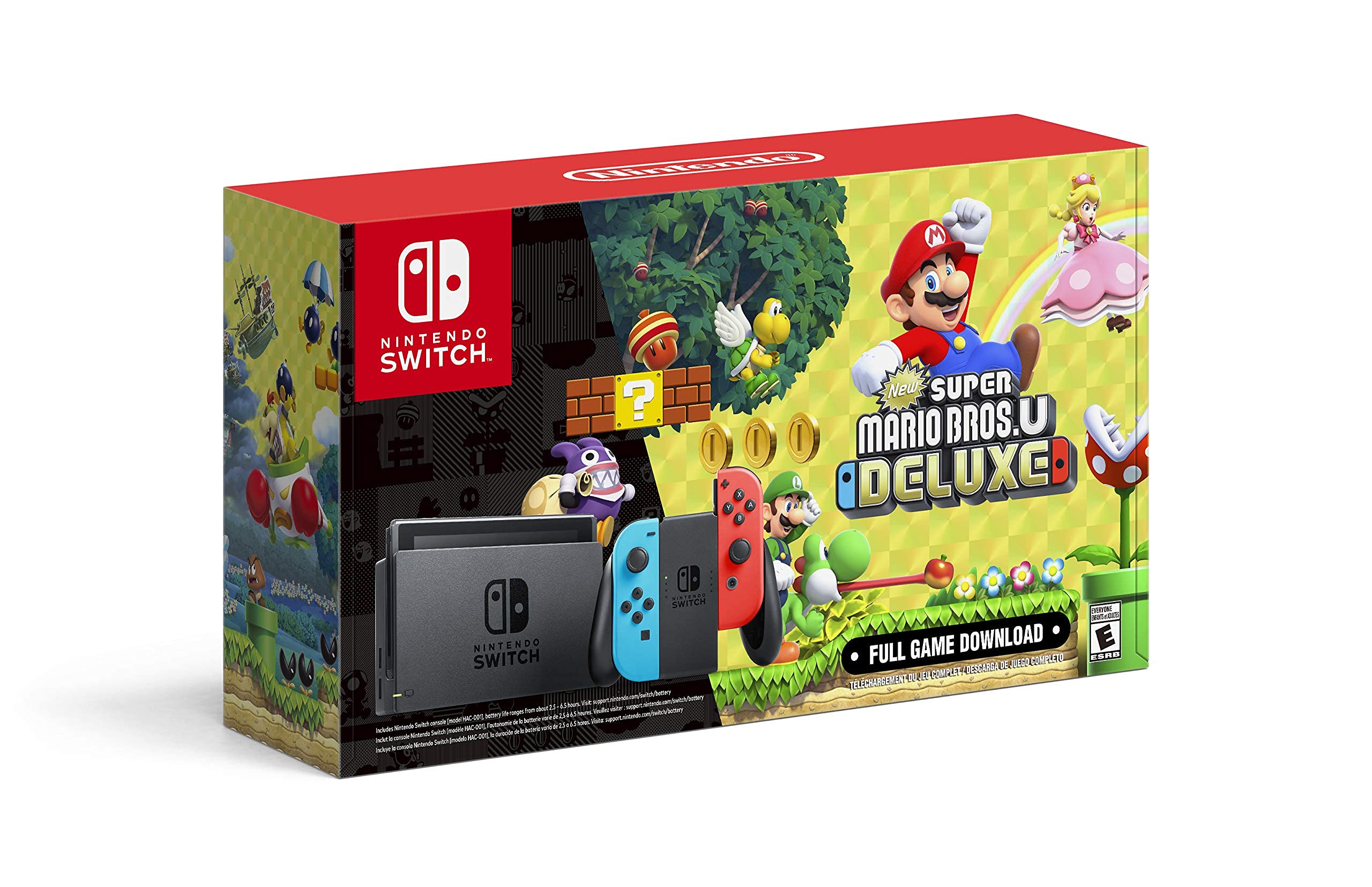 Nintendo Switch with Neon Blue and Neon Red Joy‑Con + New Super Mario Bros. U Deluxe (Full Game Download) - Switch Console (Renewed)