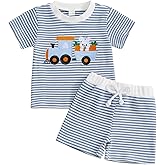 KtwHarnu Toddler Baby Boy Girl Easter Outfit Embroidery Striped Waffle Knit Short Sleeve T-Shirt Shorts Set Summer Clothes