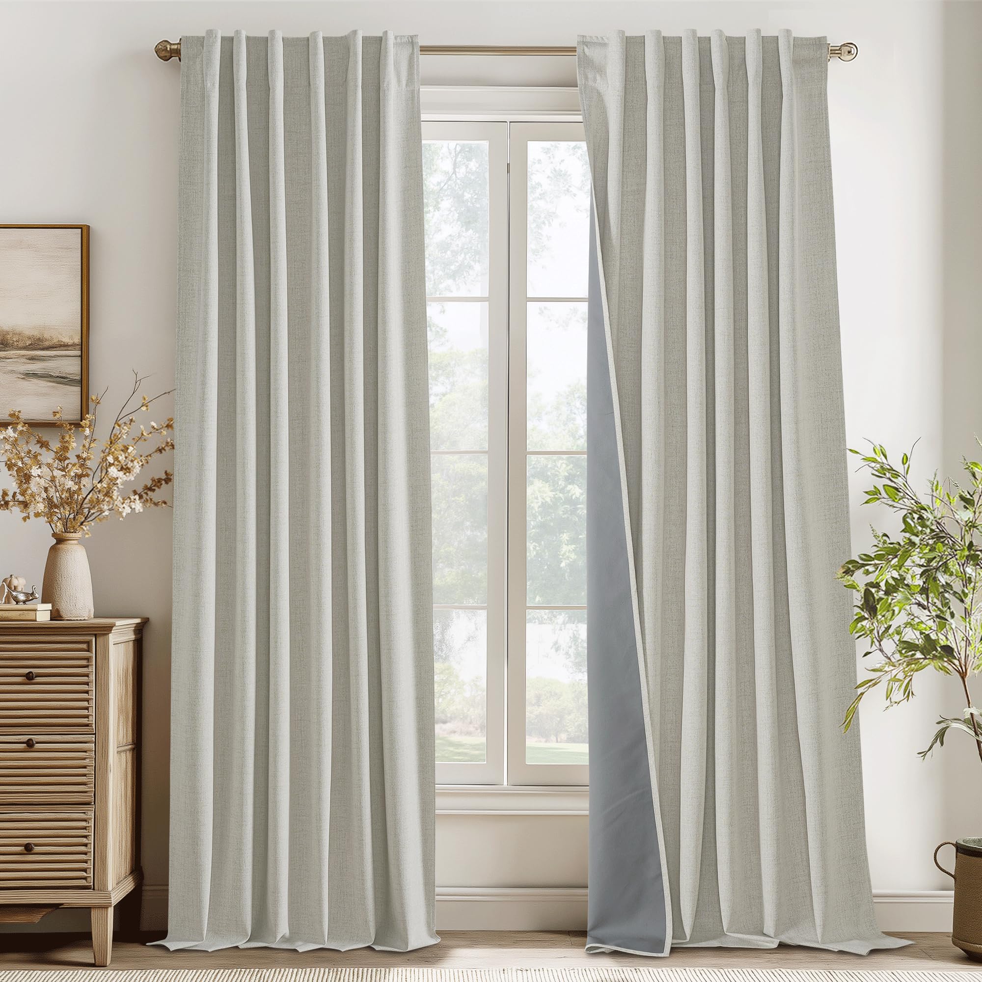 Photo 1 of RYB HOME 100% Blackout Cream Curtains, Linen Texture Thermal Insulated Drapes for Bedroom/Living Room/Office/Nuesery, Privacy Farmhouse Full Blackout Window Treatment, W52xL96 Inch Long, 2 Panels
