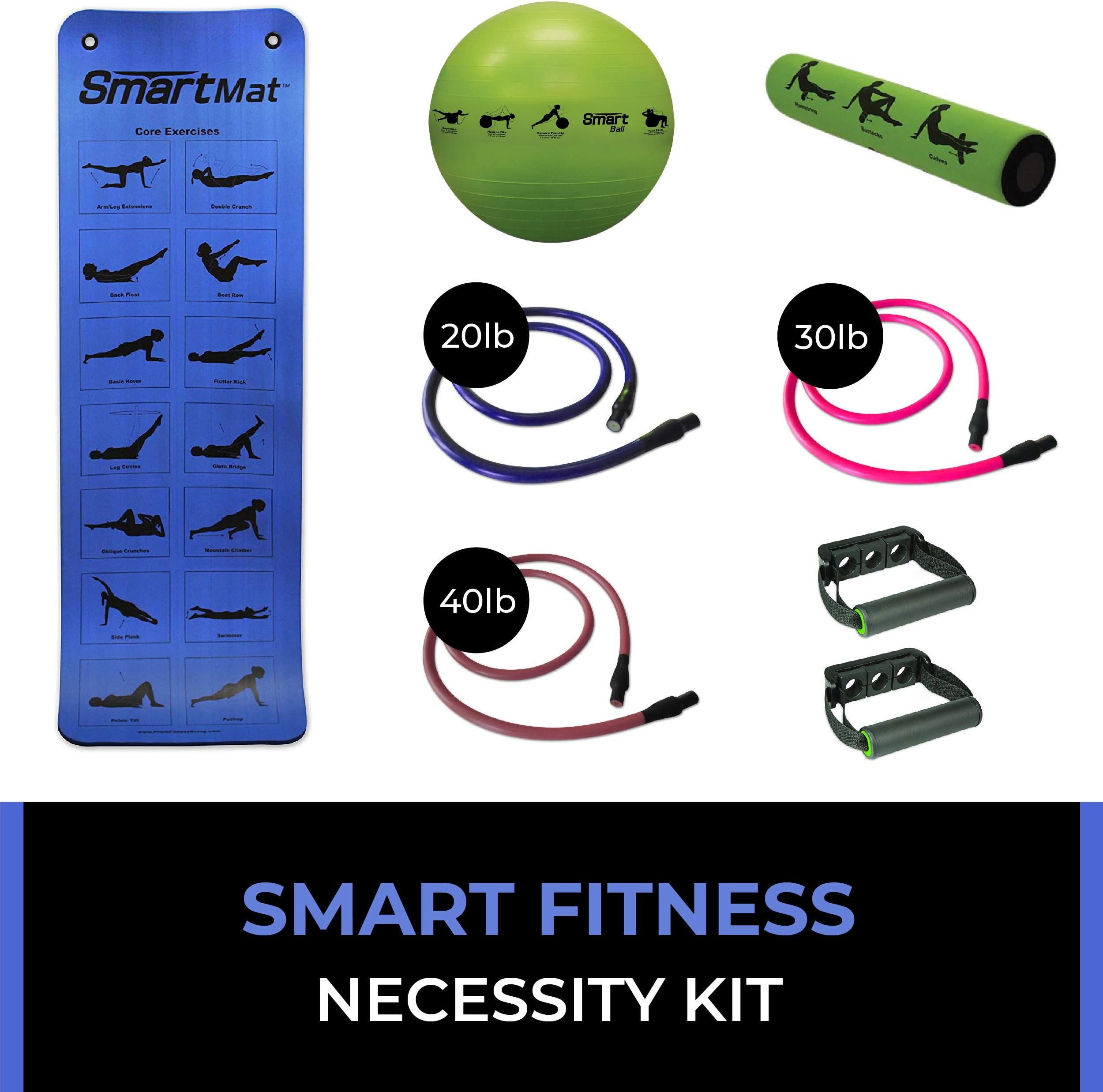 Prism Fitness 400-150-031-1 Smart Necessity Resistance Band Exercise Mat Fitness Cable Stability Ball Roller Bundle