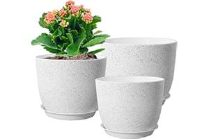 WSMKSZ Large Flower Pots 12/10/9 inch, Set of 3 Modern Decorative Plastic Planters with Drainage Holes and Saucers for Garden House Plants, Plant Pots for Indoor Outdoor Plants, Speckled White