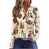 Christmas Shirts for Women Ugly Long Sleeve V Neck Button Up Tops Retro Santa Claus Graphic Long Sleeve Shirt Xmas Tops