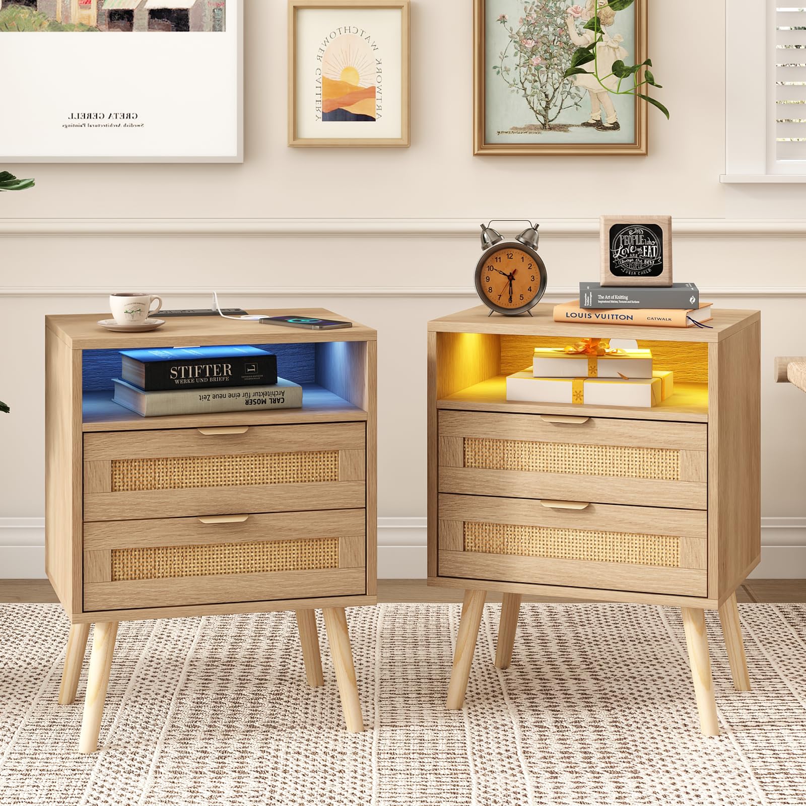 Photo 1 of Halitaa Rattan Nightstands Set of 2 with Charging Station and Led Lights, End Tables with 2 Drawers and Wood Legs, Bedside Tables, Boho Night Stand Set 2 for Bedrooms, Side Tables (2 Pack)