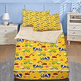 Nesker Zipper Bedding Twin Cartoon Construction Car Zip Up Bedding Set for Boys and Kids, Cute Truck 3 Pcs Comforter Bed in a Bag with Fitted Sheet and 2 Pcs Pillowcases