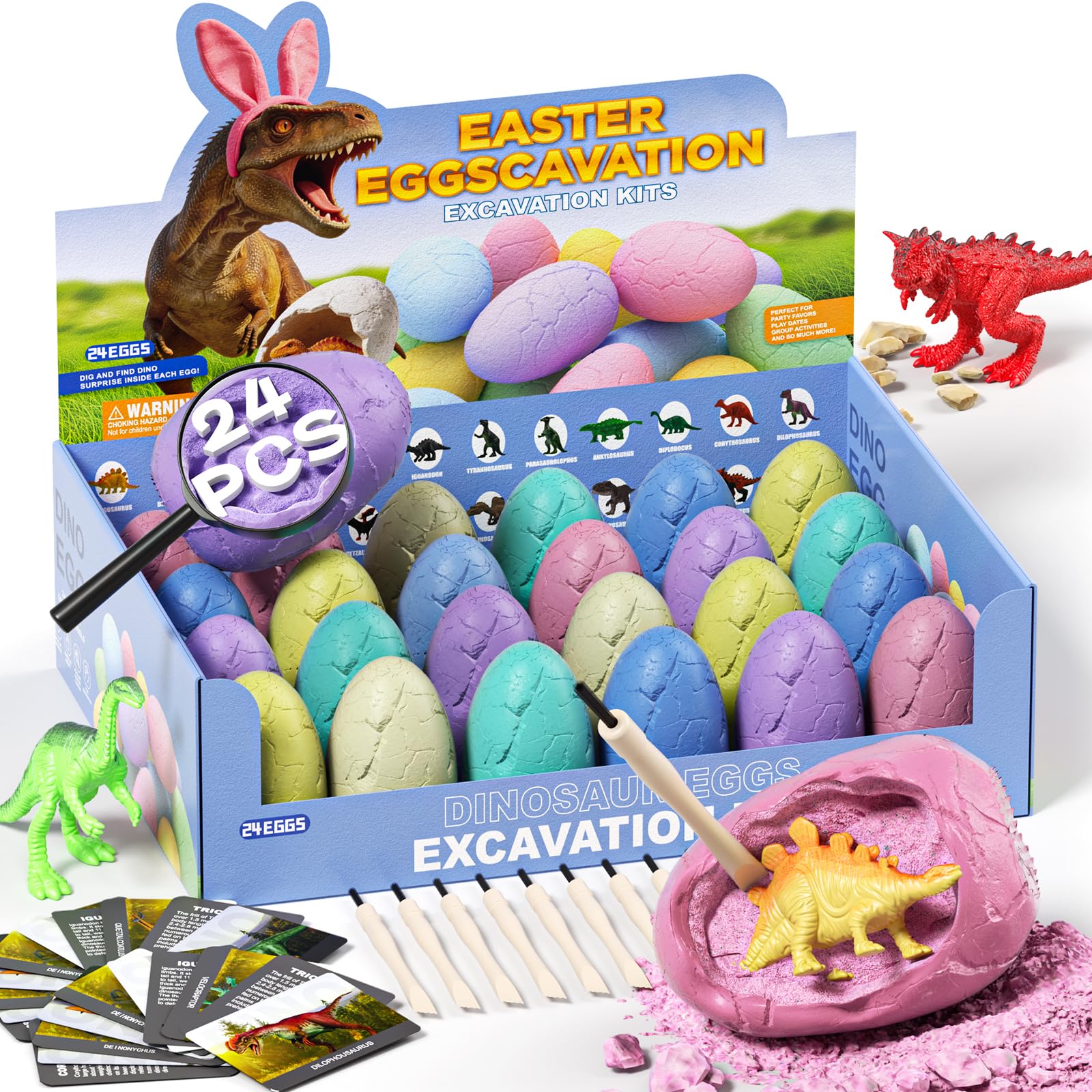 Photo 1 of 24 Pack Colorful Dinosaur Eggs Excavation Kit with Learning Cards - Dino Dig STEM Science Toy for Kids - Easter Basket Stuffers, Party Favors Birthday Gifts Classroom Activities for Boys Girls Age 3+