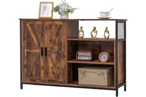 WEENFON Floor Storage Cabinet, Buffet Storage Cabinet with 2 Barn Doors, Industrial Sideboard with Adjustable Shelves, Buffet Table for Dining Room, Living Room, Kitchen, Rustic Brown