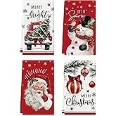 maiiooliwe Christmas Kitchen Towels, Set of 4, Red Holiday Design with Snowman and Santa, 20 x 27.5 inches (Red)