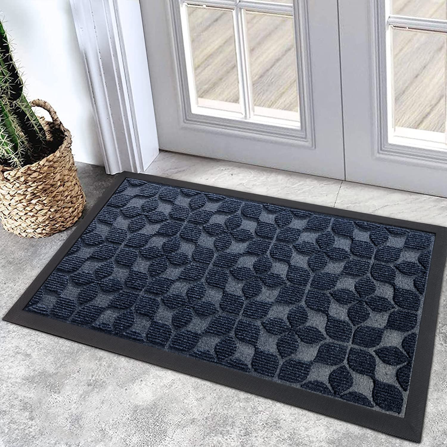 Bulijojo Sturdy Front Entrance Doormats,Durable Heavy Duty Welcome Mat,Thick Absorbent Natural Rubber Non Slip Mat,Easy Clean Entryway Mat Geometric Blue 23"x35" Image