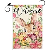 ZAEW Welcome Tulips Flowers Bunny Rabbits Easter Garden Flag 12x18 Inch Double Sided Small Mini Yard Flag Outdoor Outside Holiday Party Decoration