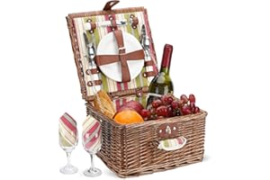 ZORMY Picnic Basket for 2 Person, Durable Willow Picnic Hamper Set, Wicker Picnic Basket Accessories Plates and Utensils, Perfect Wedding, Anniversary or Birthday Gift (Green Stripe)