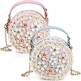 DEAYOU 2 Pack Little Girls Purse, Kids Purse Mini Crossbody Bag, Cute Princess Shoulder Handbag Girls Wallets with Chain for Teenagers, Gifts, Birthday, Party, Round, Pearl Flowers Style, Pink, Blue