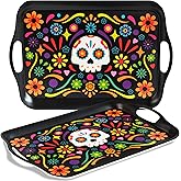 Oasis Choice 2-Pack Sugar Skull Christmas Serving Trays - 18x13 Inch Extra Large w/Handles for BBQ, Picnic, Party - Durable Lightweight Serving Platters - Bamboo Fiber and Marigold Decor (Black)
