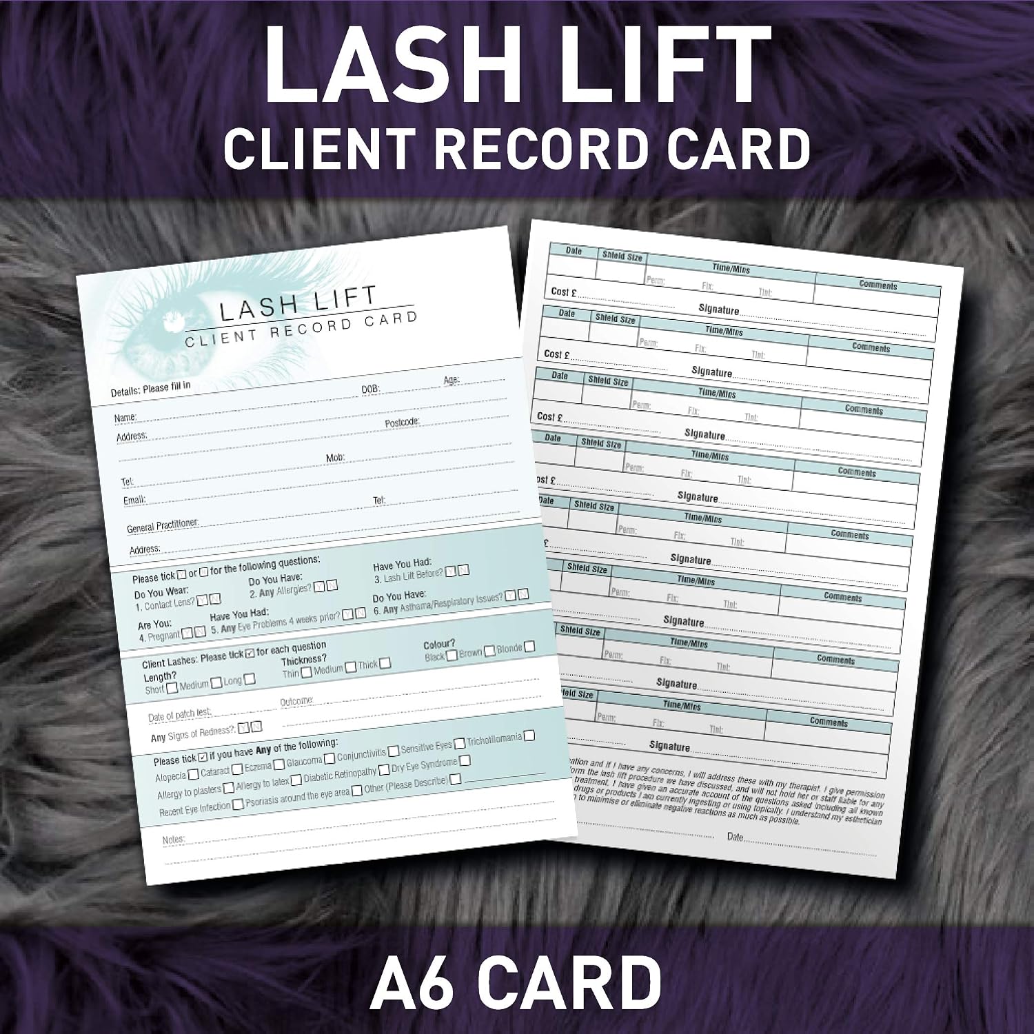 Lash Lift Client Record Card - Treatment Consultation Form for Mobile Therapists & Salons A6 Pack of 50 - Portrait - Image 3