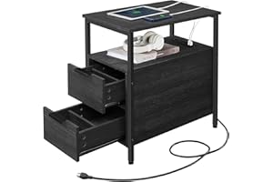VASAGLE Side Table with Charging Station, Narrow End Table with 2 Drawers, Slim Nightstand and Bedside Table with Storage, fo