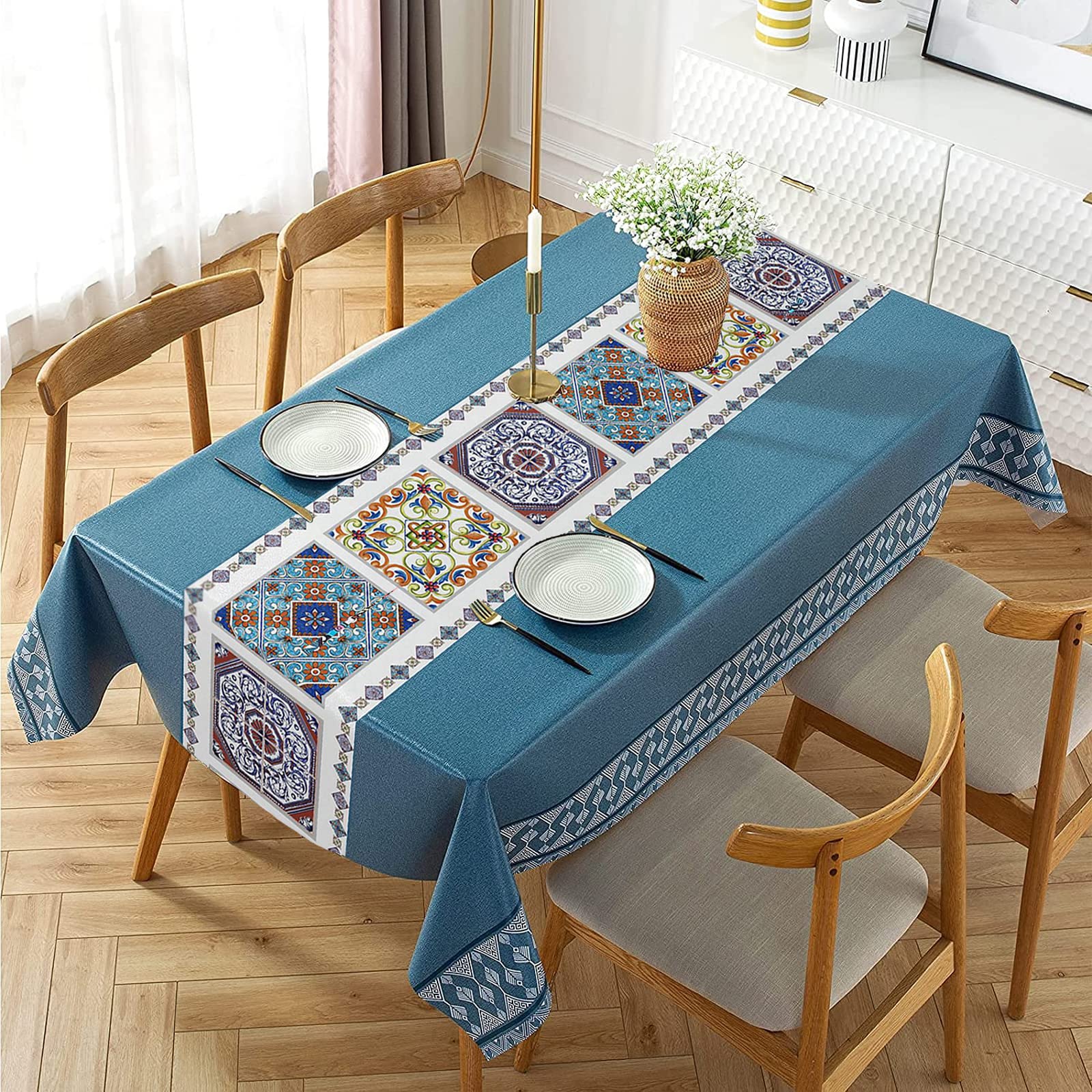 Bishilin Wipeable Table Cloth, Table Cloth Coffee Table Cloth Rectangular Waterproof Kitchen Dining Navy 140x140cm (55x55)