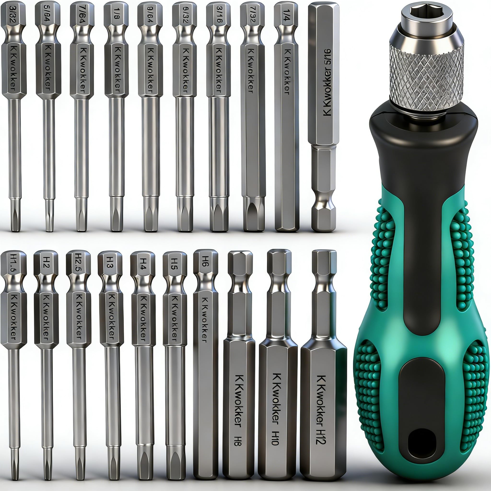 K Kwokker 20PCS Allen Key Bit Set Hex Wrench Magnetic Screwdrivers, 2.3" Long 1/4" Diameter Allen Wrench Drill Bit with Mini Handle Screwdriver
