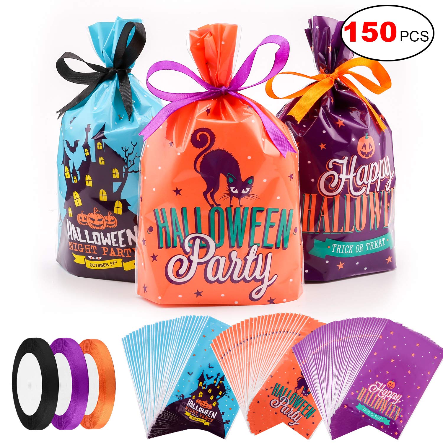 Howaf 150pcs Sacs A Bonbons Halloween Trick Or Treat Pochette Anniversaire Sachet Chocolat Biscuit Sacs De Cadeaux En Plastique Avec 3 Rouleaux Satin Ruban Pour Cadeau De Fete Halloween Favors Jeux Et