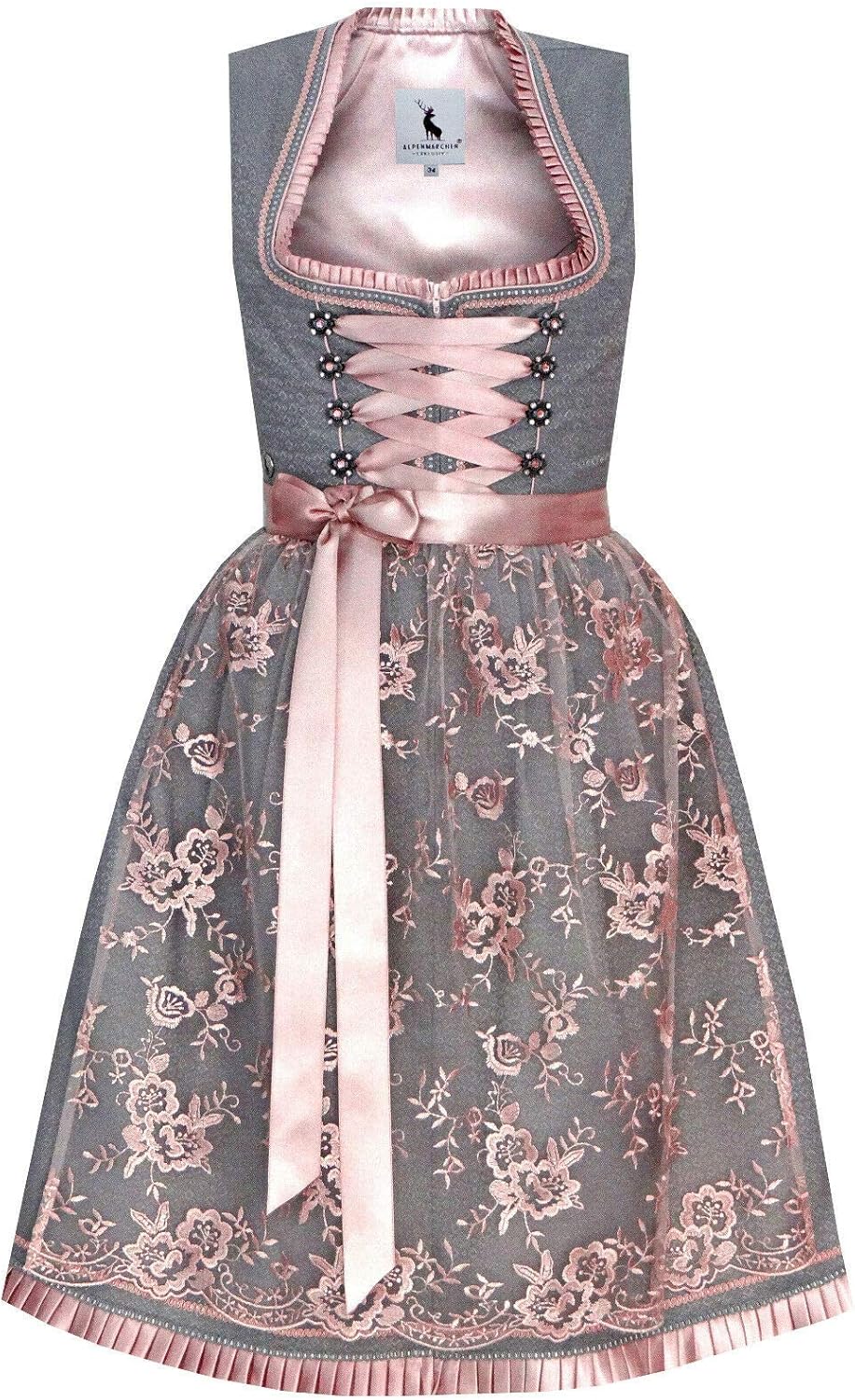 Alpenmärchen Midi-dirndl uit exclusieve collectie incl. kanten schort, maat 32-54 - ALM900, roze/grijs, 40 Alpenmärchen Midi-dirndl uit exclusieve collectie incl. kanten schort, maat 32-54 - ALM900, roze/grijs, 40