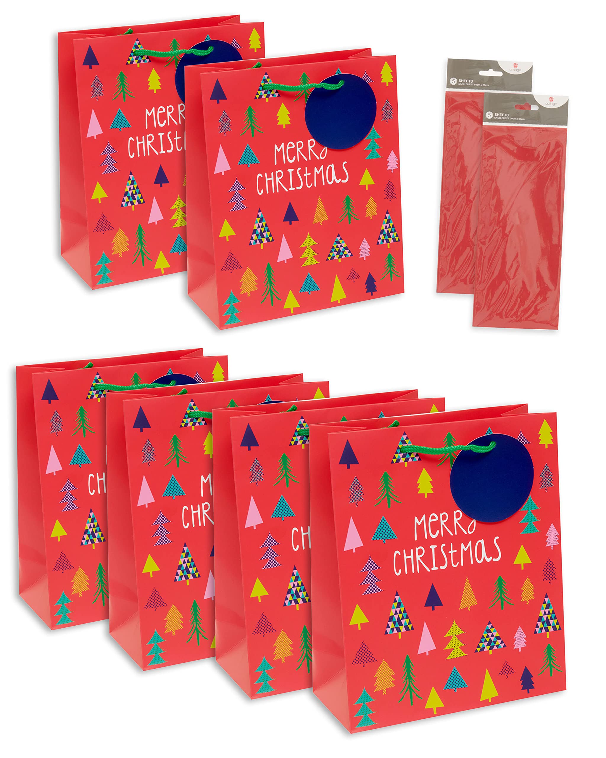 UK Greetings Multipack of 6 Medium Christmas Giftbags & 2 Packs of Red Tissue Paper - Festive Design โ image 1