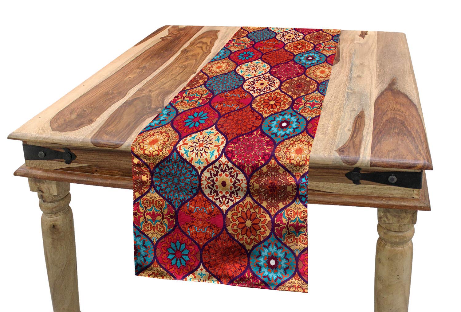 ABAKUHAUS Moroccan Table Runner, Oriental Wavy Curvy Pattern with Spring Nature Inspired Retro Style Art Motifs, Dining Room Kitchen Rectangular Runner, 40 cm x 180 cm, Red Camel