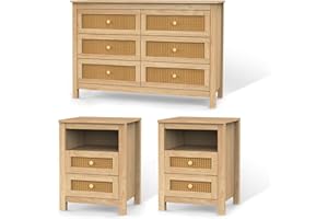 CATMIX Farmhouse Bedroom Set, 3 Pieces Bedroom Furniture Set, Rustic Wood 6 Drawer Dresser and Nightstands, Chest of Drawers Wide Storage Organizer Cabinet for Bedroom, Light Rustic Naturanl