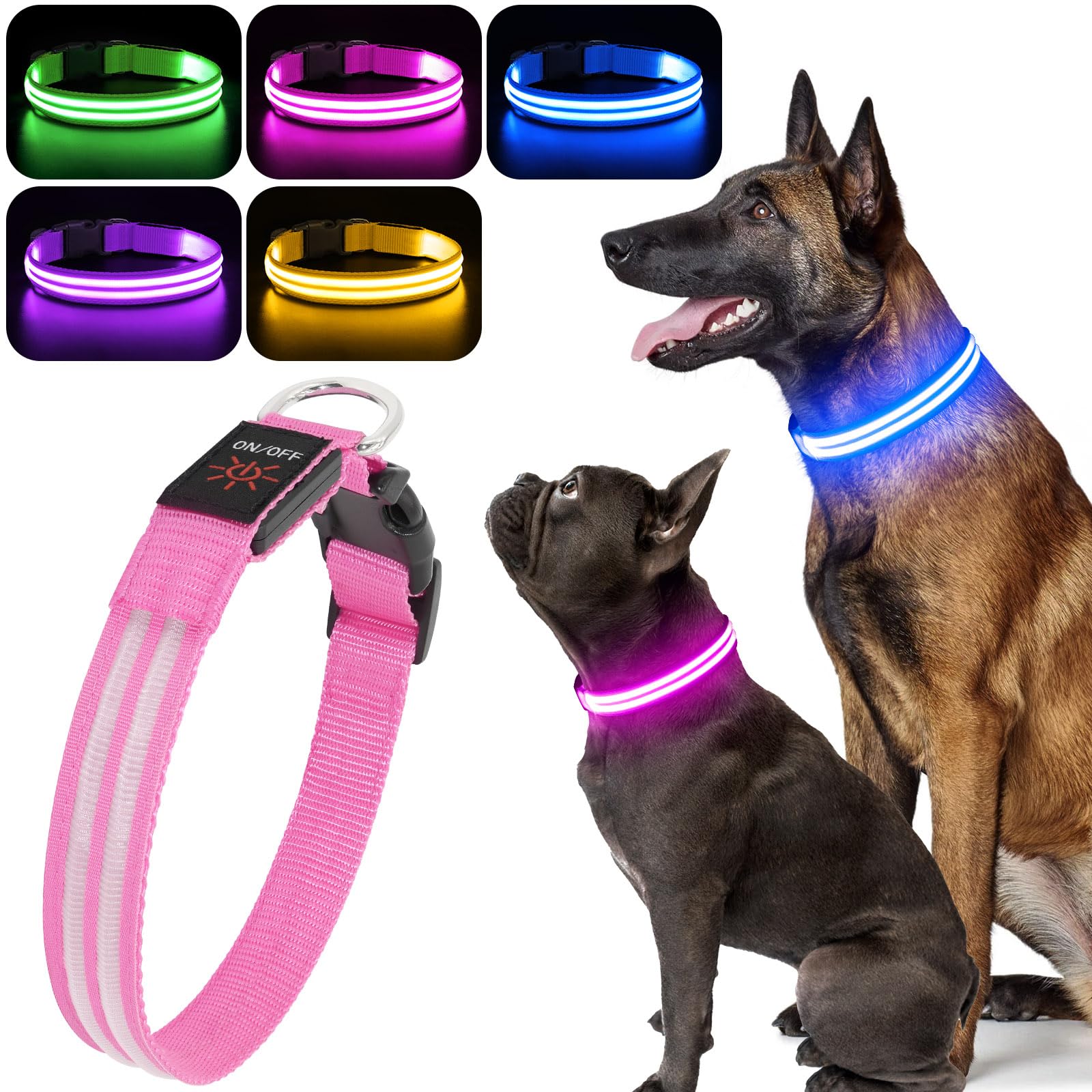 Photo 1 of Bseen  Dog Collar, Glowing LED Dog Collar Rechargeable Lighted Pet Necklace Safety Dog Lights for Night Walking (Pink, Large)