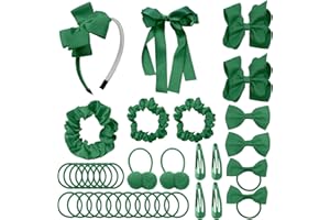 LACGO Pack of 37 Hair Bow Accessories - School Uniform Hair Clips Grosgrain Bow Headband Ribbon Alligator Ponytail Holder for Toddlers Teen Girls Uniform Party Prom Wedding(Dark Green)