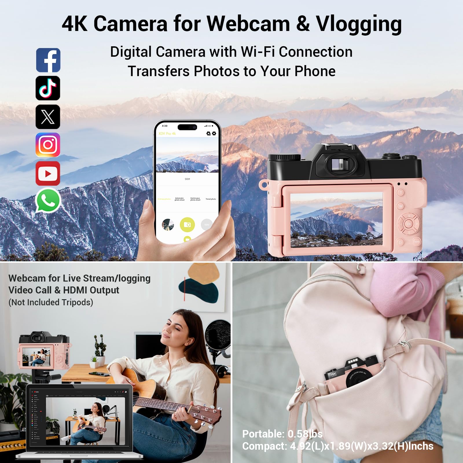 Digital Camera, FHD 4K 75MP WiFi Vlogging Video Camera for YouTube with 3'' 180°Flip Screen, 64GB SD Card, 16x Digital Zoom, 2 Batteries, Point and Shoot Digital Camera for Beginner (Pink)