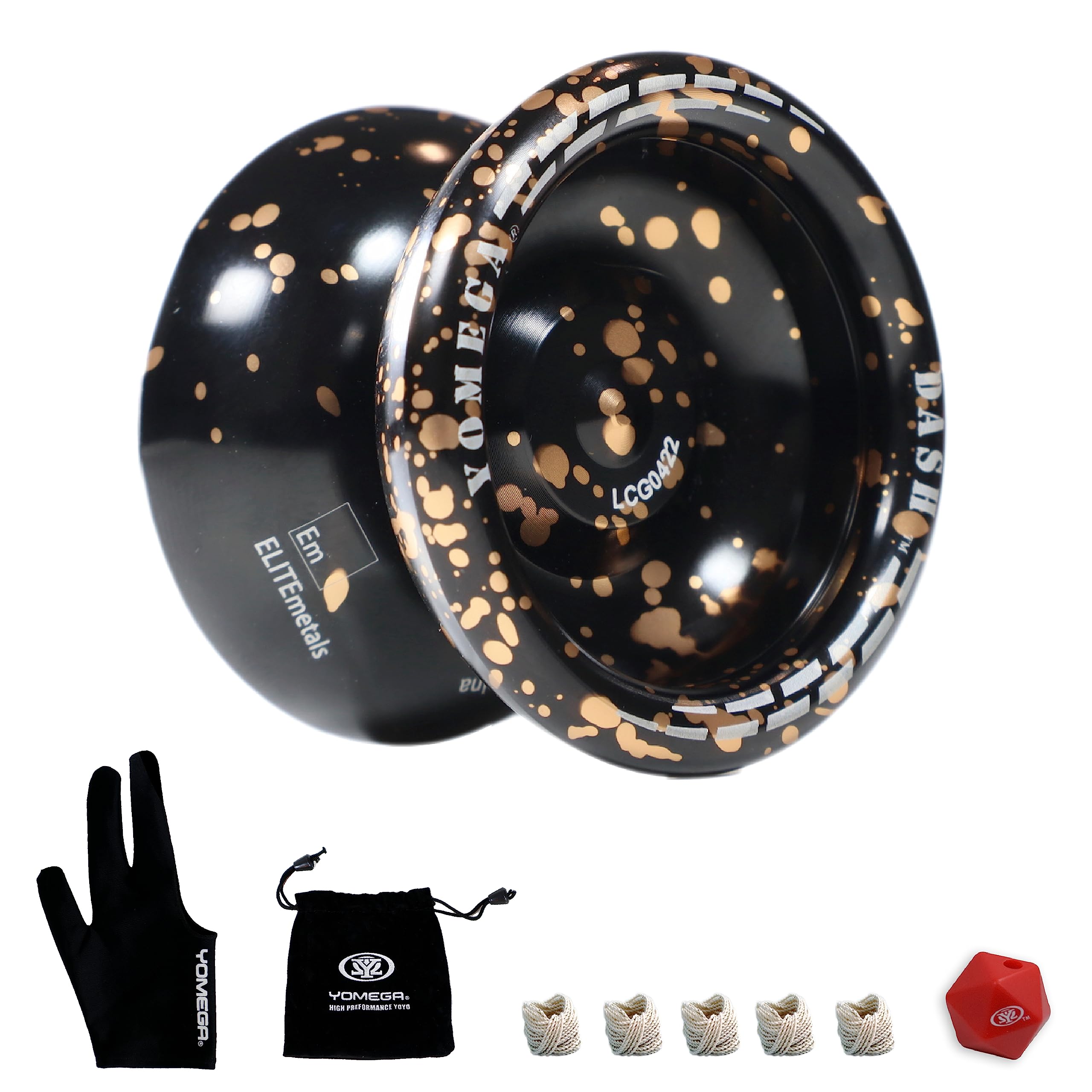 Yomega Dash Yoyo - Pro Aluminum Metal Unresponsive Yoyo with C Size Ball Bearing for Advanced yo yo Tricks + Extra 5 Strings + Glove + Bag + Die & 3 Month Warranty (Black Gold)