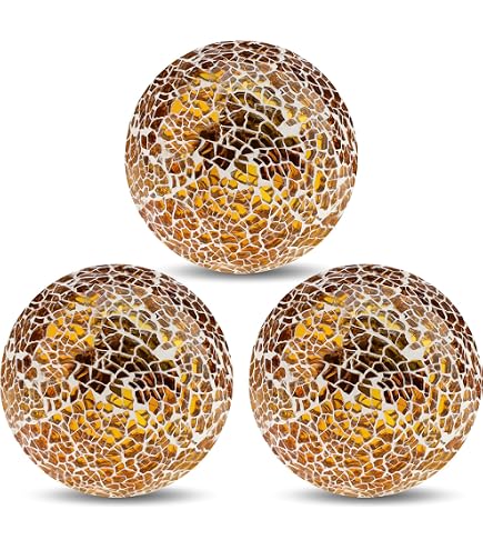 Uxcell 3Pcs Decorative Glass Balls 2.36 Inch Orbs Centerpiece Balls Mosaic Glass Ball Sphere Decor Bowls Vases Dining Table Party Gold Tone Blue Ligh