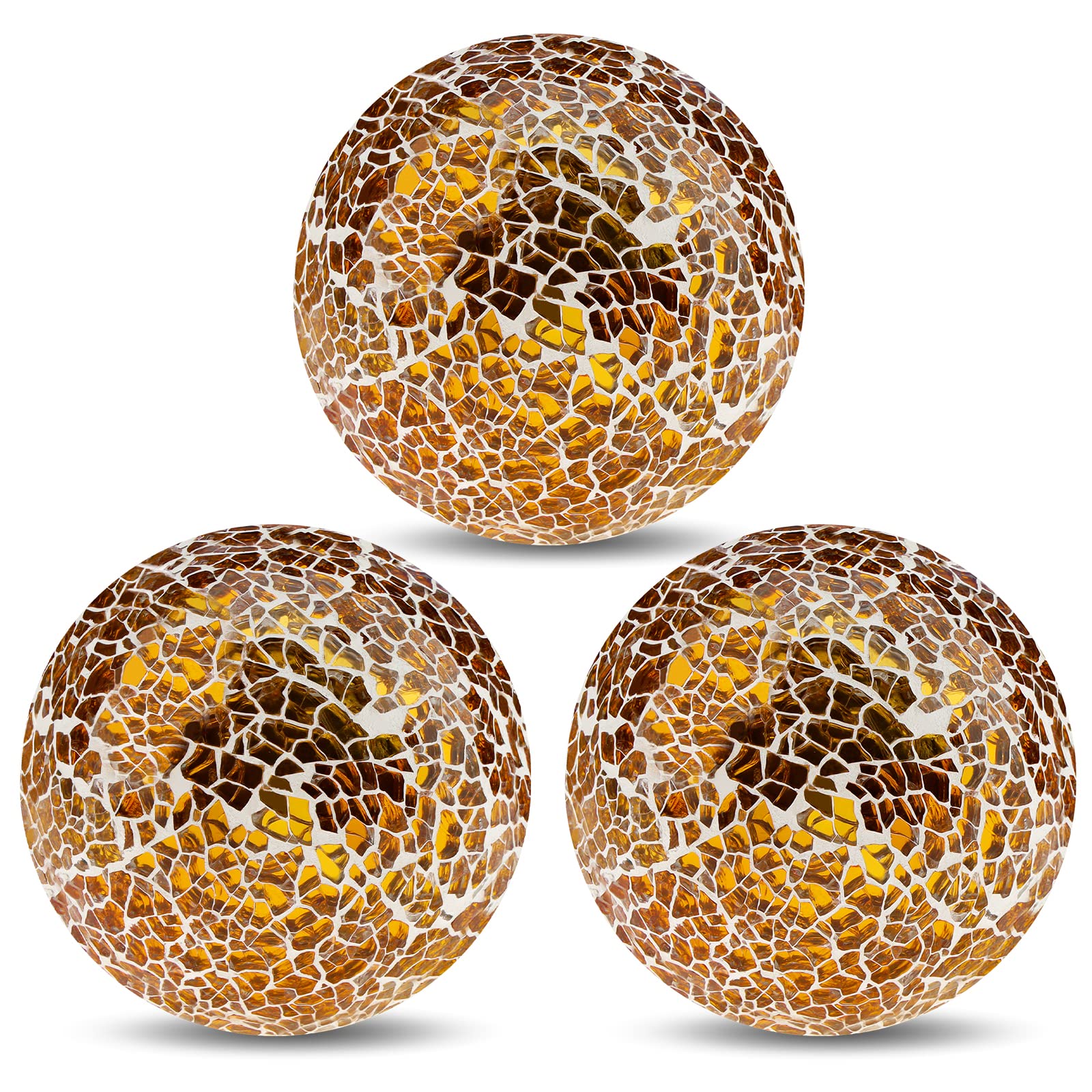 Yatinkim Mosaic Glass Ball 3pcs Decorative Balls for Bowls 3.35inch Gold Orbs Mirror Glass Orb Sphere for Dining Table Centerpiece Vases Living Room Wedding Party Decor