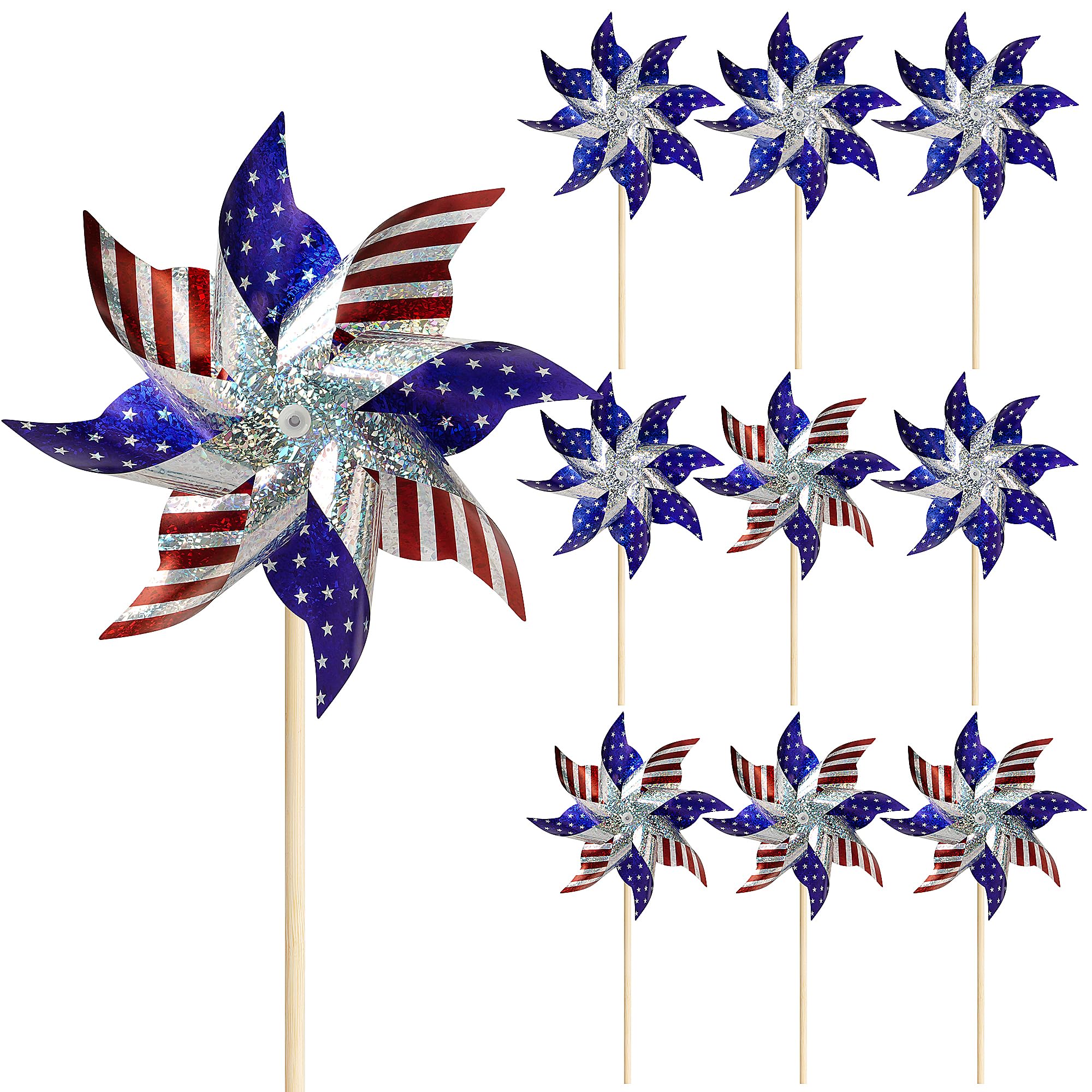 HOOSUN 10 Pcs 4th of July Pinwheels for Yard and Garden 4th of July Decorations,American Flag Patriotic Pinwheels to Scare Birds Away,Red White Blue Reflective Wind Spinners,Memorial Day Decorations