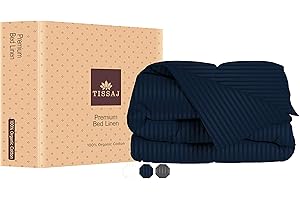 Tissaj Resort Collection – King Size Duvet Cover – 100% GOTS Certified Organic Cotton – Sateen Weave – Damask Stripes Navy Blue Color