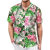 Hawaiian Shirt for Men Short Sleeves Tropical Printed Casual Button Down Summer Beach Floral Shirts Green Flower